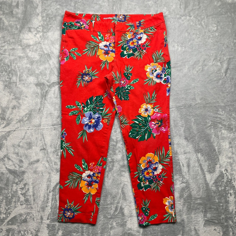Old Navy Pixie Pants Women 14 Red Floral Tropical Mid Rise Ankle Slim Stretch